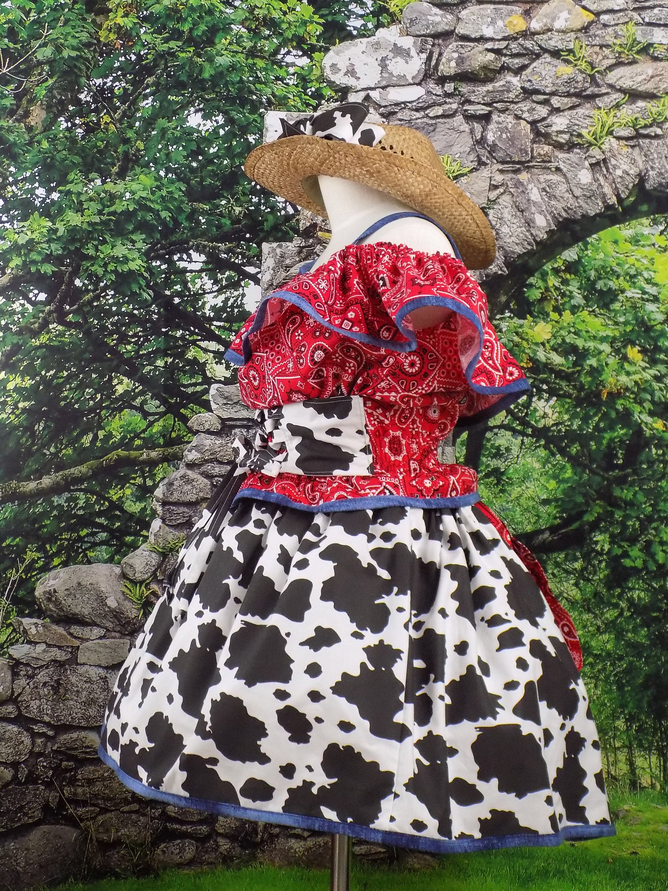 Western Wear Denim Cow Outfit Cowgirl Pageant, Cow Dress, Ruffle Top ...