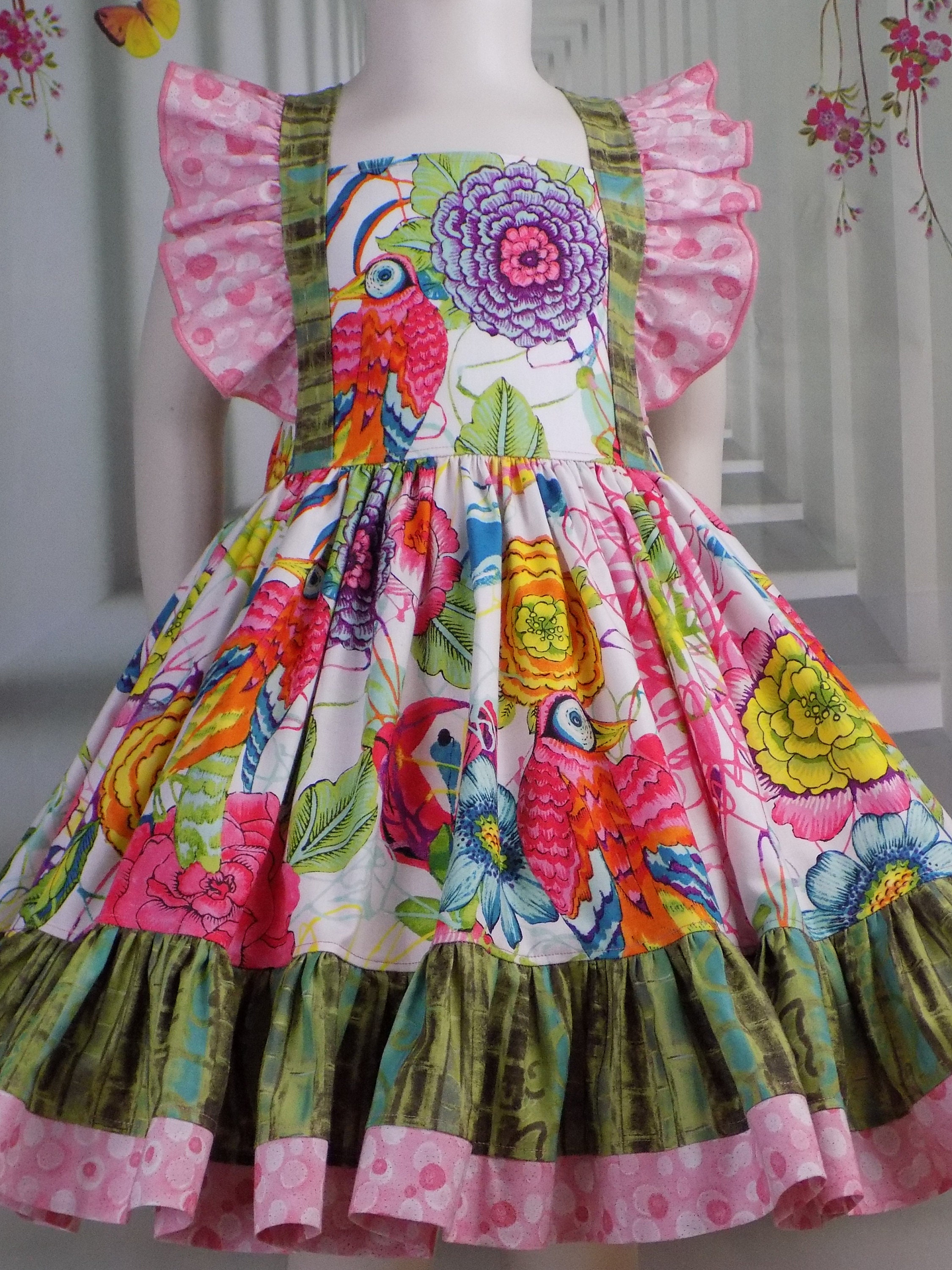Robe De La Jungle Perroquets, Tenue De Concours De La Jungle, Filles, Robe À Volants, Robe À Fleurs, Rose, Perroquets, Oiseaux, Boutique, Fantaisie, Printemps, Anniversaire, Fête