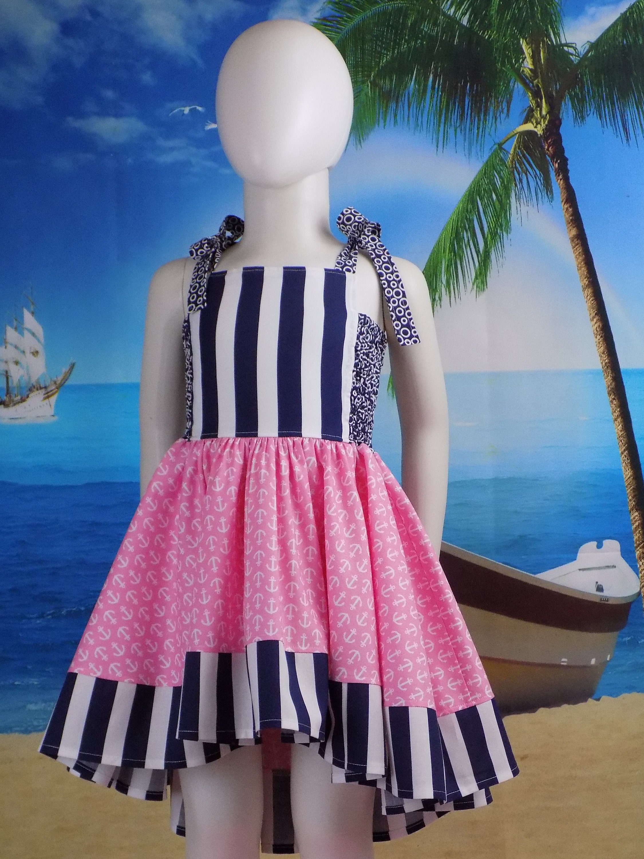 Vestido de ancla, Náutico, Marinero, Alto y Bajo, Desfile, Ropa informal,  OOC, Cumpleaños, Playa, Sesión de fotos, Rosa, Azul marino, Rayas azules y  blancas, Verano - Etsy México, image size:2250x3000