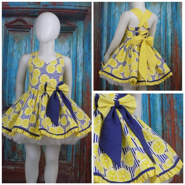 Girls Lemon Dress, Casual Wear, OOC, Natural, Pageant, Corset, Back, Stripes, Gingham, Yellow, Fruit, Slice, Blue, Boutique, Birthday, Party