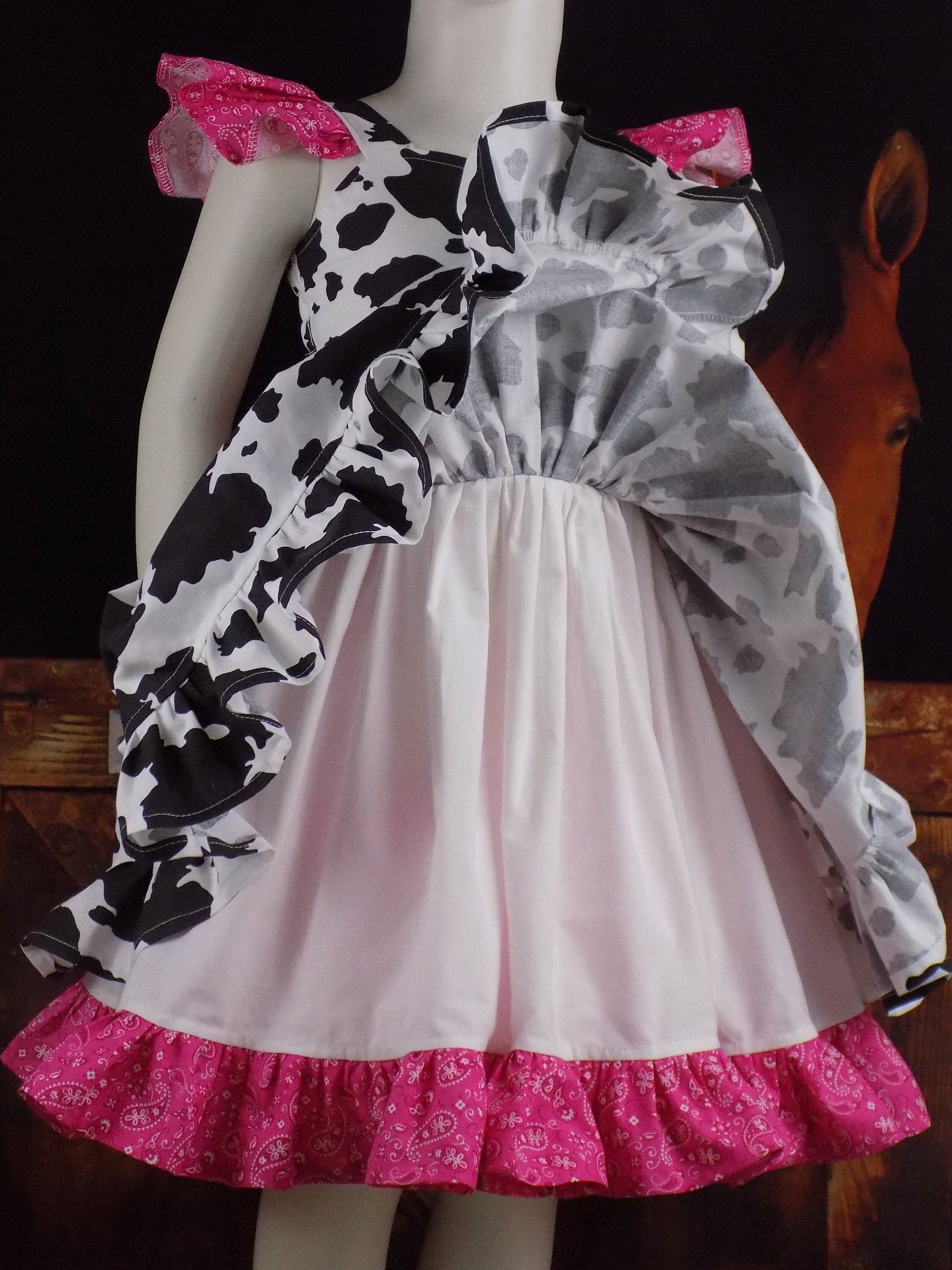 Cow Dress, Black, Hot Pink Western Dress, Hot Pink Cow Outfit, Pink Birthday, Farm, 1st, Cowgirl, Pageant Wear, Western Wear, OOC, Paisley