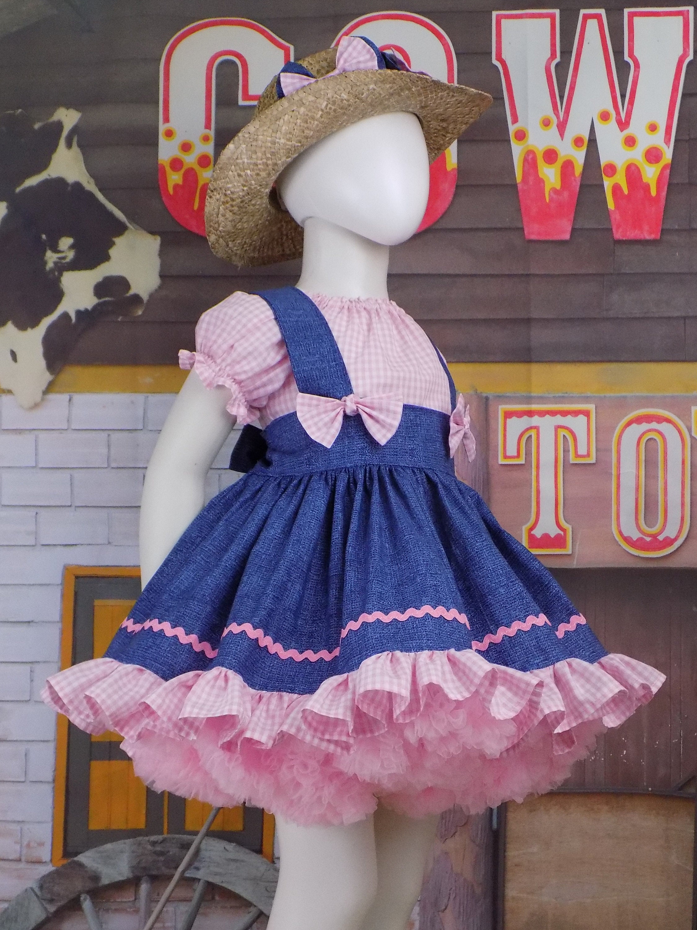 Pink Western Dress, Pink Cowgirl Outfit, Pink Cowgirl Birthday, Pink Pageant Wear, Pink Pageant Dress, Girls Pink Dress, Denim, OOC, Bow Set