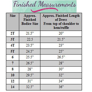 May include: Chart showing approximate finished bodice size and dress length in inches for sizes 2T through 14.