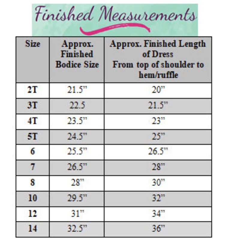 May include: Chart showing approximate finished bodice size and dress length in inches for sizes 2T through 14.