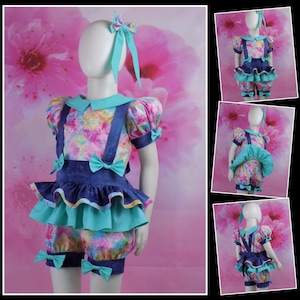 Denim Casual Wear, Tie Dye, Pageant Wear, Casual Wear, Spring Pageant Outfit, Summer, OOC, Sportswear, Top Shorts, Suspender, Bow, Set, Girl