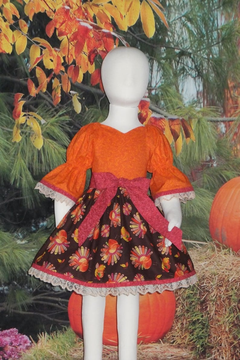2T Girls, Turkey Dress, Thanksgiving Dress, Ready to Ship, Toddler, Fall, Baby, Autumn, Orange, Peasant, Little, Cotton, Lace, Sleeve, RTS image 2