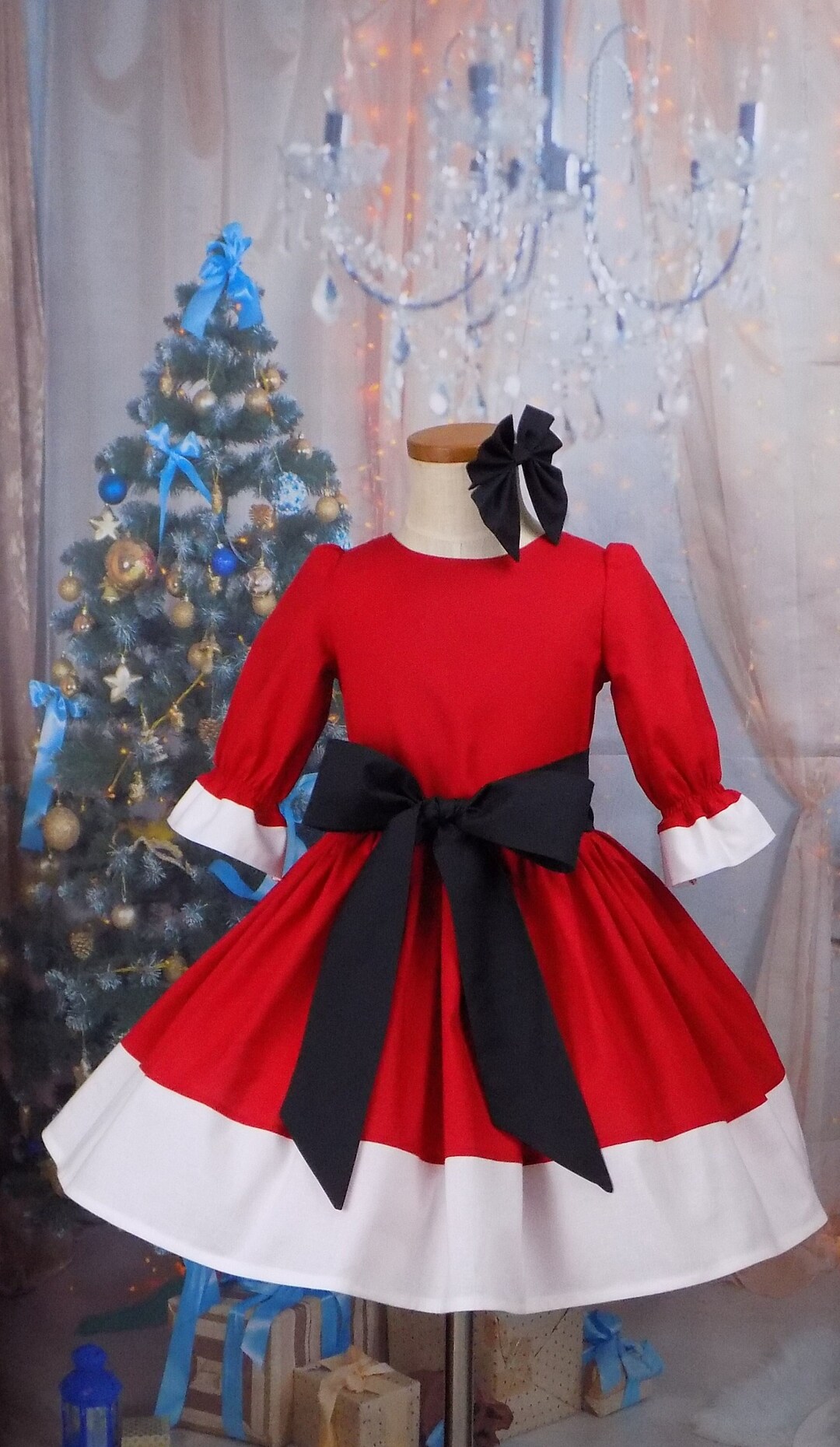 Girls Red Dress with White Trim, Christmas Dress, Christmas Pageant, OOC, Party, Fancy, Clothing, Boutique, Sleeves, Toddler, Bows, Costume