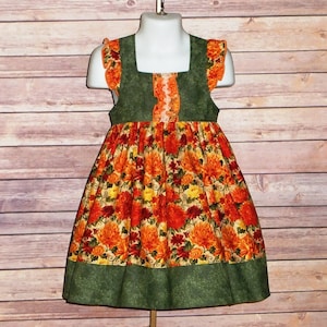 Girl, Fall Dress, Toddler, Thanksgiving Dress, Floral, Orange Dress, Green Dress, Twirl, Mums, Flower, Jumper, Handmade, Baby 12 18 2T 3T 4