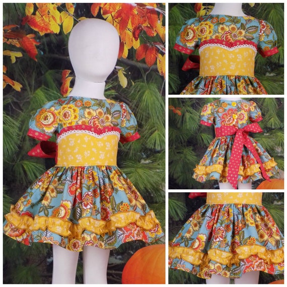 Fall Dress, Girls, Thanksgiving Dress, Toddler, Autumn Dress, Baby, School, Outfit, Floral, Handmade, Custom Boutique, Sleeves, Twirl Skirt
