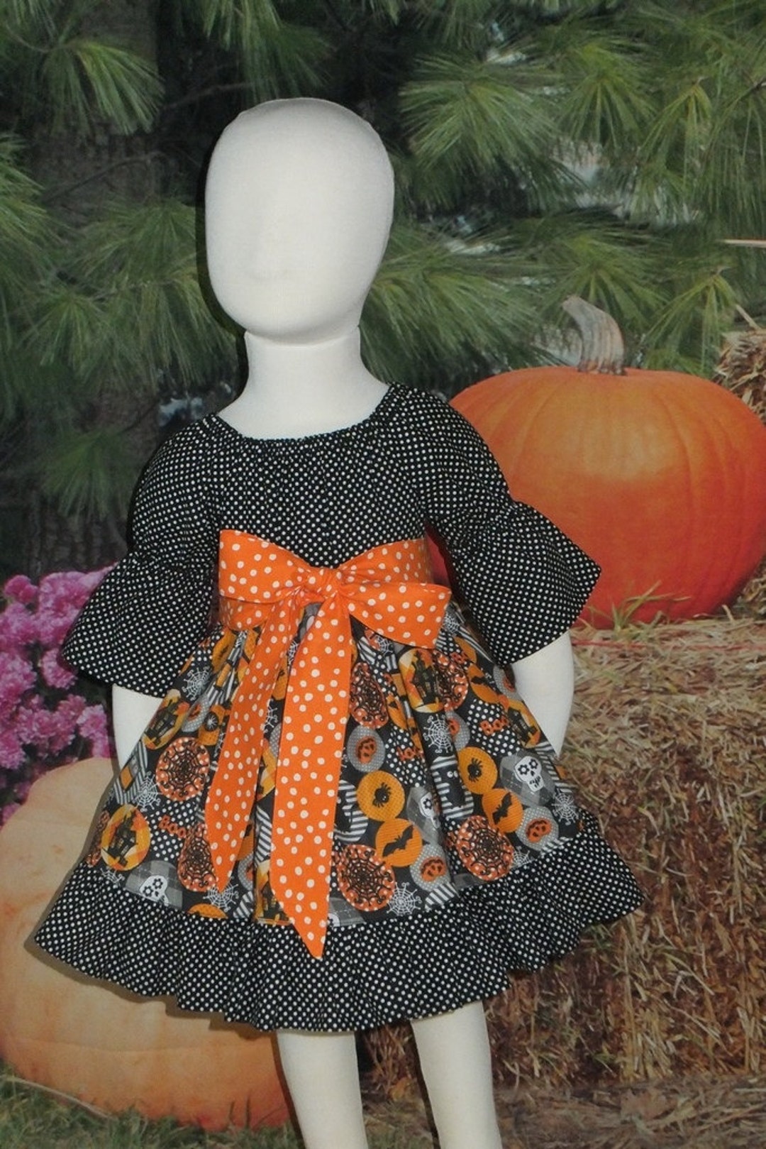 Girl Halloween Pumpkin Outfit Long Sleeve Peplum Shirt Top Bell