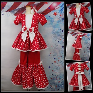 Pageant Casual Wear, Girls Pant Outfit, Outfit of Choice, Pageant Outfit, Pants, Top, Short Sleeves, Corset Back, Bow, Red, White, Polka Dot