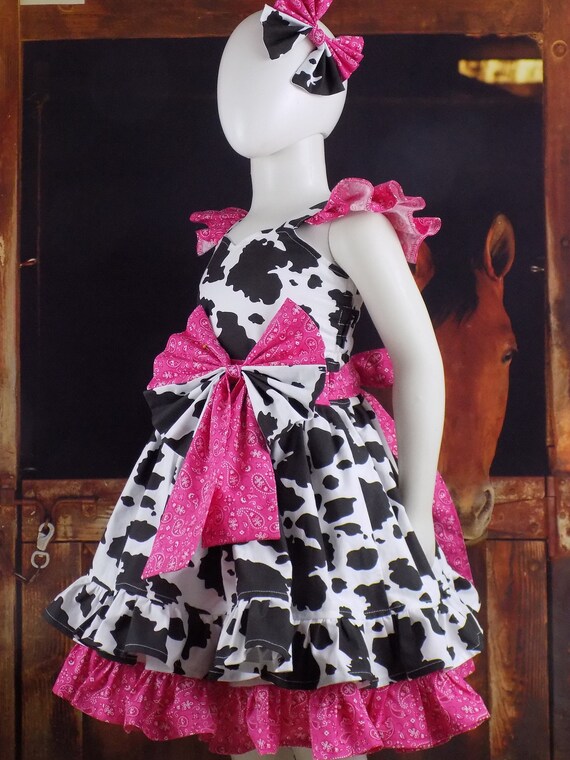 Cow Dress, Black, Hot Pink Western Dress, Hot Pink Cow Outfit, Pink Birthday, Farm, 1st, Cowgirl, Pageant Wear, Western Wear, OOC, Paisley