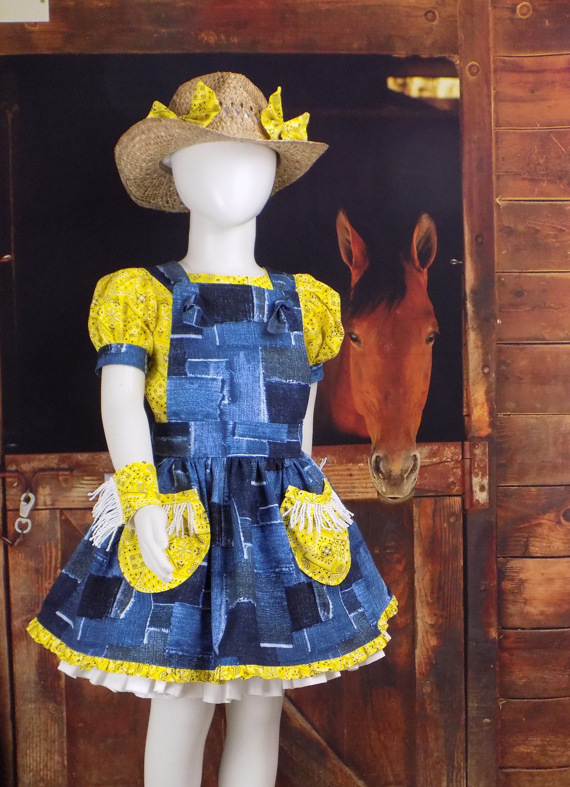 Western Pageant Outfit, Girl Dress, Country, Pageant, Denim Wear, Ooc, Paisley, Bandana Print, Cowgirl, Rodeo, Suspender Jumper, Top