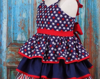 Patriotic Pageant Wear, Girls, Western, Outfit, Patriotic Dress, Red White Blue, Star Stripe, July, Top Short Set, Casual Wear, OOC, Natural