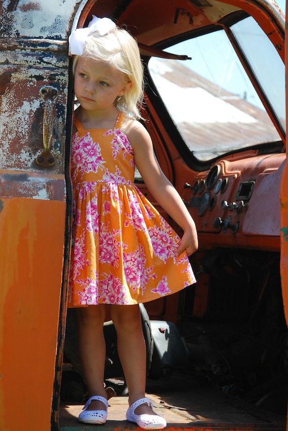Girl, Open Back Dress, Orange Dress, Summer, Pink Floral, Strap, Back Tie, Sleeveless, Baby, Toddler, Teen, Junior, Play, Party, Photo Shoot
