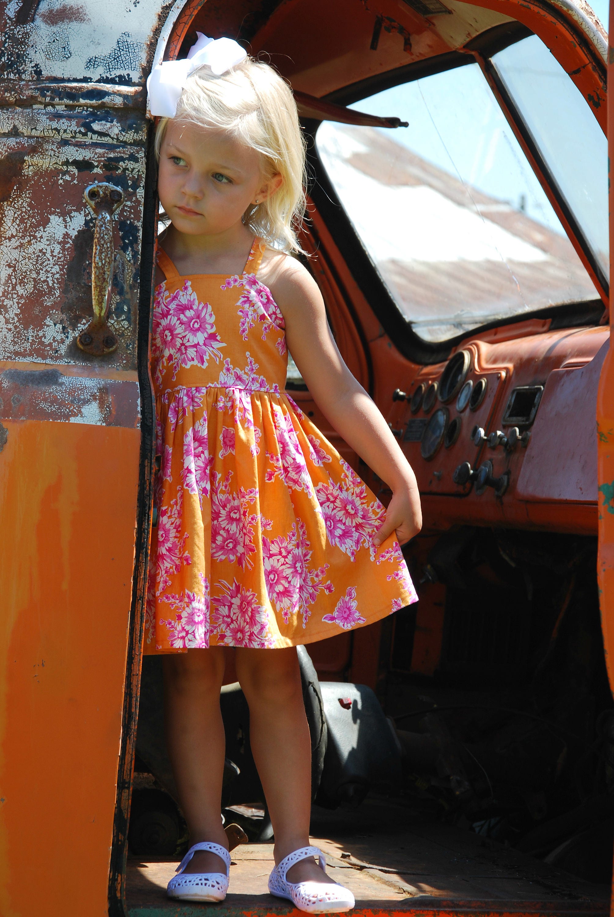 Girl, Open Back Dress, Orange Dress, Summer, Pink Floral