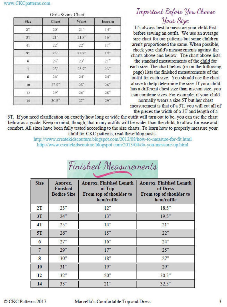May include: A chart with sizing information for girls' clothing. The chart includes measurements for chest, waist, inseam, and finished bodice size, as well as finished length of a top and dress. The chart is labeled "Girls Sizing Chart" and "Finished Measurements".