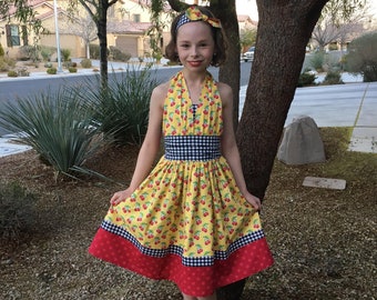 Girl 50s Dress 50s Outfit Cherries Daddy Daughter Dance Retro Vintage Rockabilly Halter Gingham Check Cherry Tween Toddler Baby