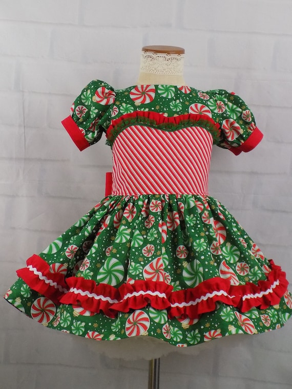 UniqueBoutiqueKathy Peppermint Swirl Christmas Dress for Toddler Girls Pageant Ooc Candy Cane Ruffle Dress Puff Sleeves Winter Wear Ornaments Dress Bows