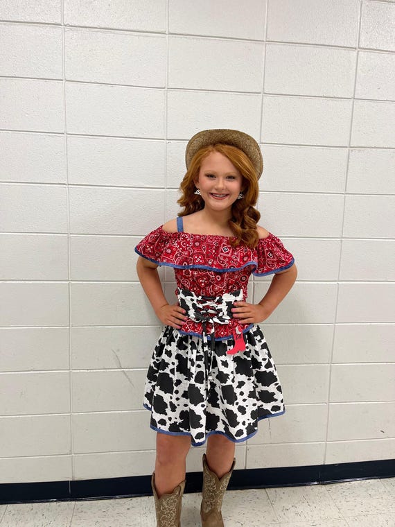 Western Wear Denim Cow Outfit Cowgirl Pageant, Cow Dress, Ruffle Top, Off Shoulder, Corset, Skirt, Cowboy, Bandana, Rodeo, Square Dance Western Wear Denim Cow Outfit Cowgirl Pageant, Cow Dress, Ruffle Top, Off Shoulder, Corset, Skirt, Cowboy, Bandana, Rodeo, Square Dance