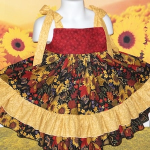 Girl, Fall Dress, Thanksgiving, Toddler, Sunflower Dress, Floral, Flower, Baby, Autumn, Knot Dress, Custom Boutique, Handmade, Ruffle, Twirl