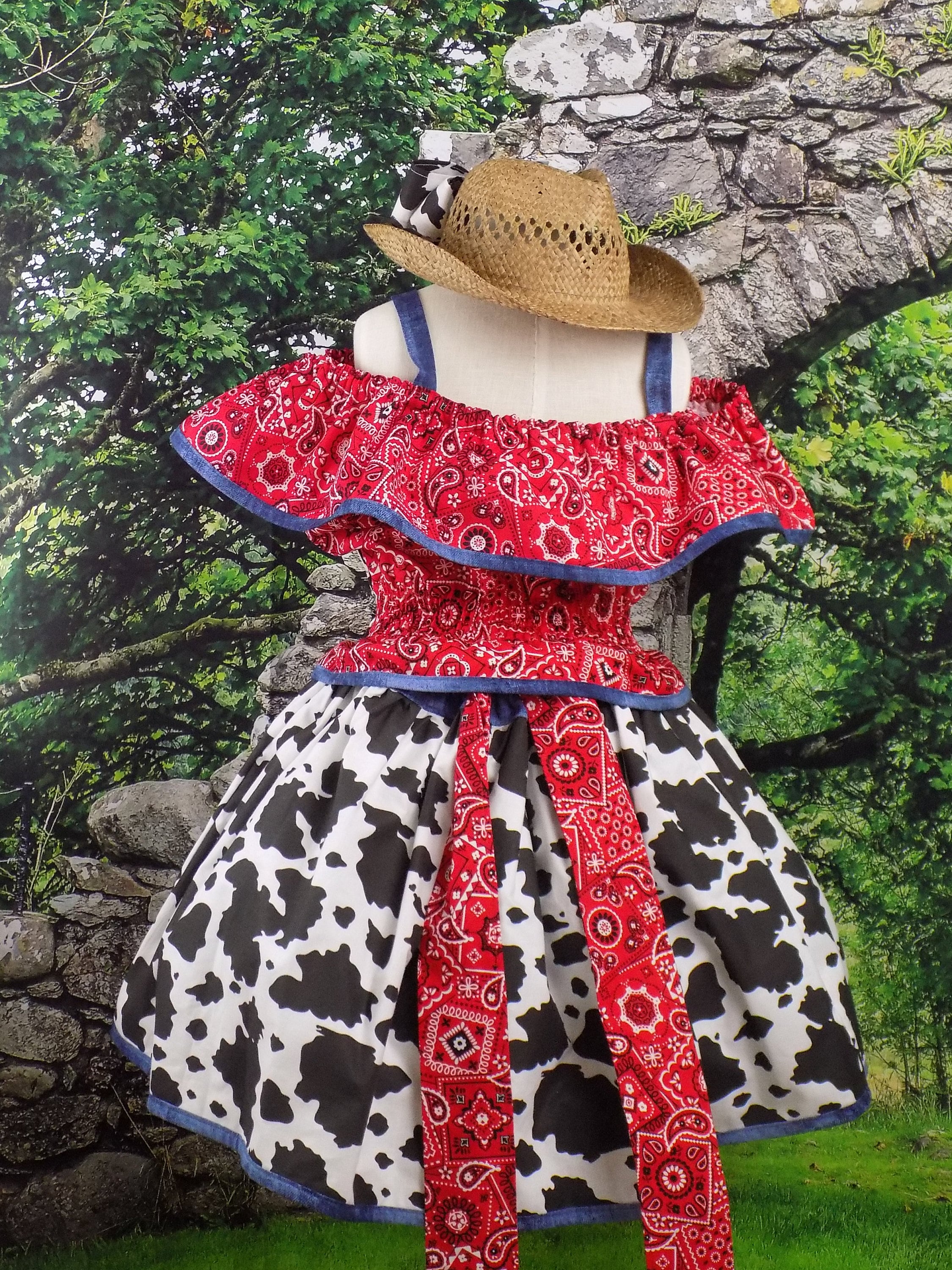Western Wear Denim Cow Outfit Cowgirl Pageant, Cow Dress, Ruffle Top ...