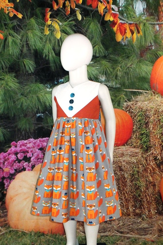 Girls, Fox Dress, Toddler, Woodland Dress, Baby, Fall Dress, School, Thanksgiving, Little, Orange, Grey, Jumper, Autumn, Sleeveless Handmade