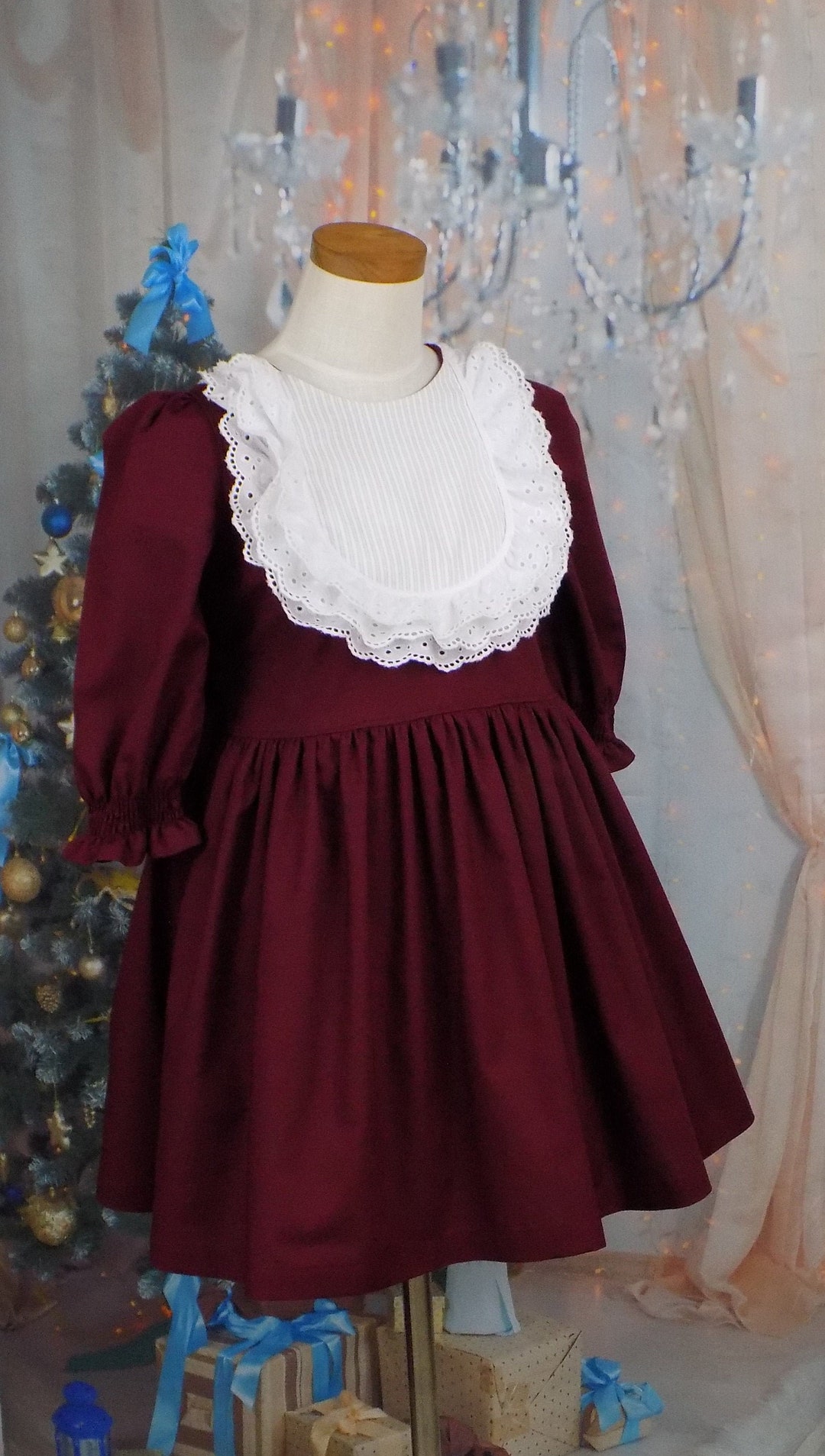 Girls Burgundy Dress, Christmas Dress, Cranberry, Fall Dress, Thanksgiving, Pageant Wear, OOC, Fancy, Party, Eyelet Lace, Sleeves, Vintage