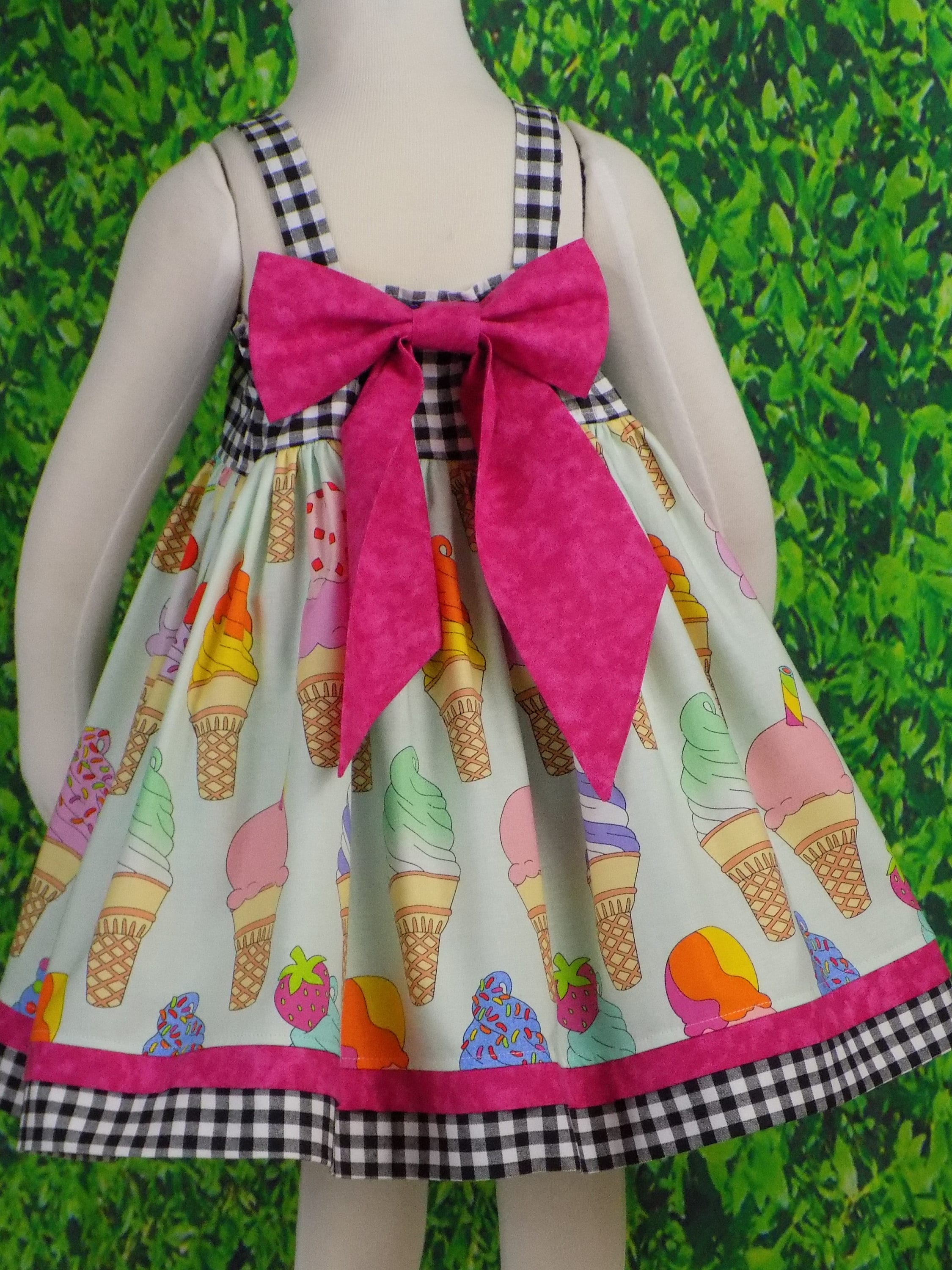 Girls Ice Cream Dress, Birthday, Party, Summer Dress, Bow, Soft Serve, Cone, Sprinkle, Popsicle, Sundae, Gingham, Baby, Toddler, Tween, Teen