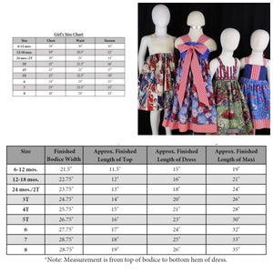 May include: A chart showing girls' dress sizes with measurements for chest, waist, inseam, finished bodice width, and approximate finished lengths of the top, dress, and maxi dress. The chart includes sizes from 6-12 months to size 8.