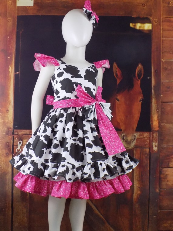 Cow Dress, Black, Hot Pink Western Dress, Hot Pink Cow Outfit, Pink Birthday, Farm, 1st, Cowgirl, Pageant Wear, Western Wear, OOC, Paisley
