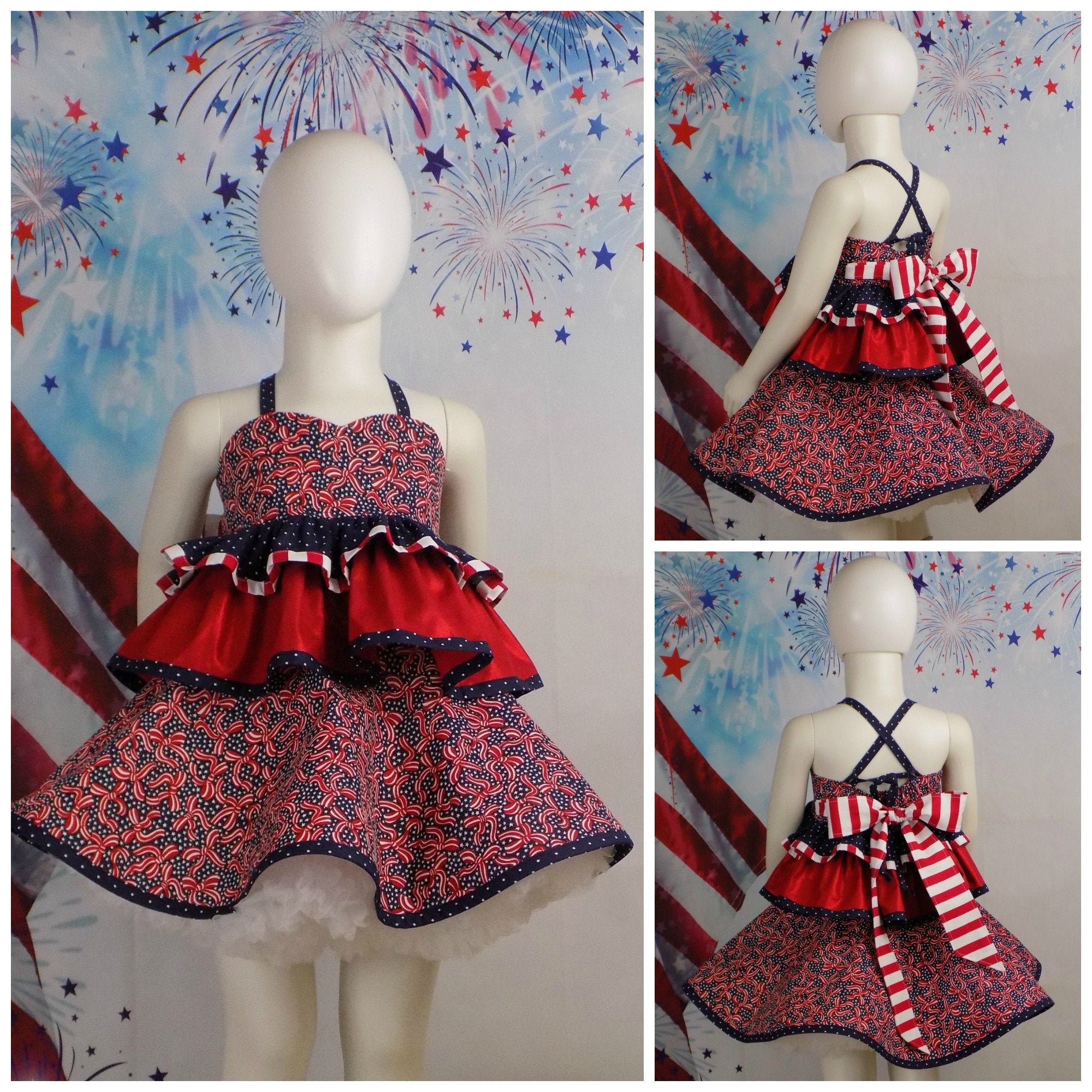 Patriotic Pageant Wear, 4th July Outfit, Girls 4th July Dress, OOC, Red,  White, Blue, Crop Top, Circle Skirt, Stripe, Star, Bows, Boutique 