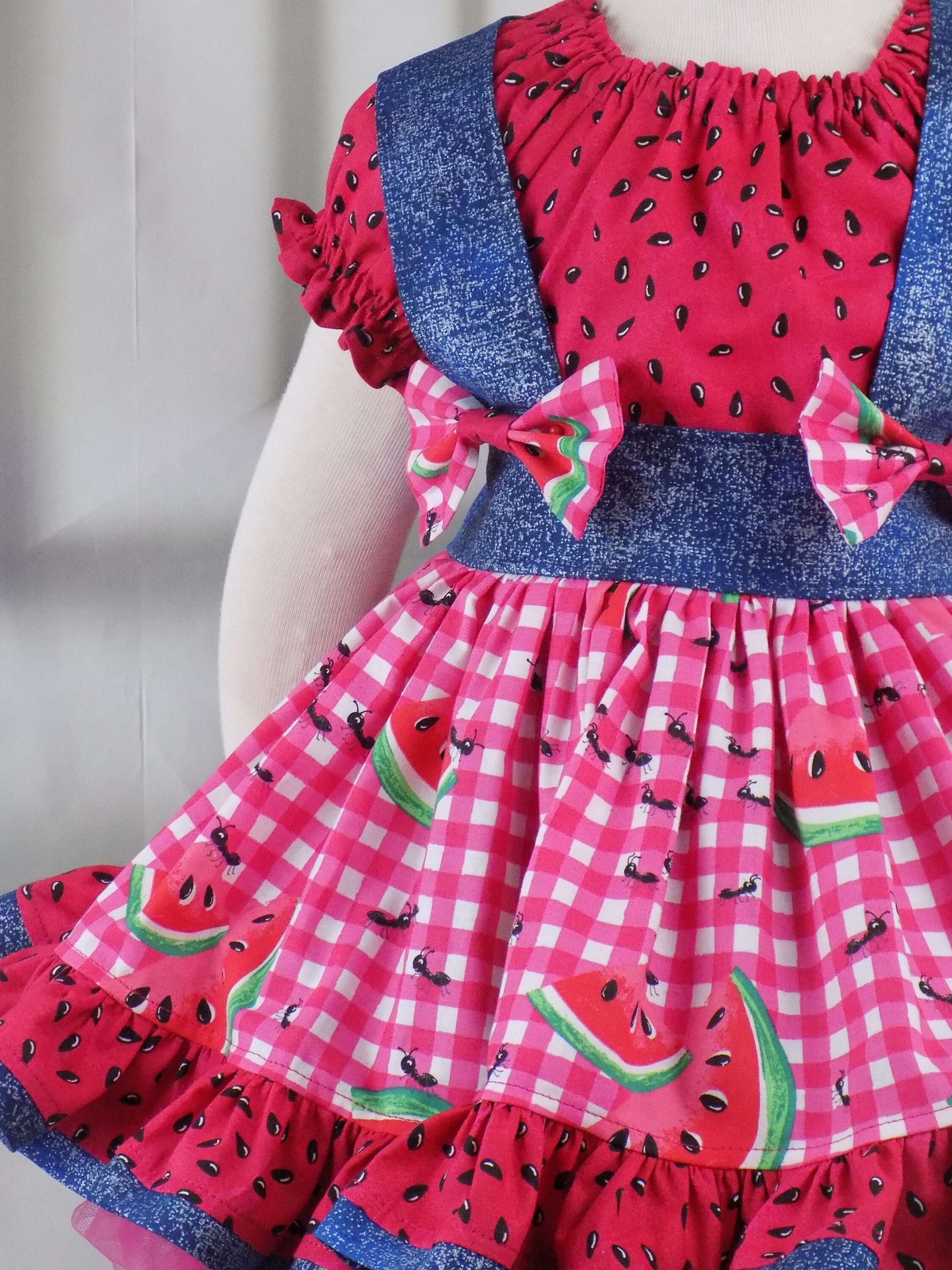 Watermelon Dress, Girls Western Dress, Country, Pageant, Denim Wear, OOC,  Outfit, Set, Red, Pink, Gingham, Square Dance, Sleeves, Suspender - Etsy