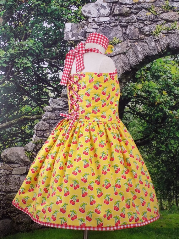 Halter Dress with Cherries, Cherry 50s Dress, 50s Outfit, Girls Corset Back Dress, Costume, Rockabilly, Dance Team, Retro look, Pageant OOC