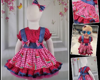 Watermelon Dress, Girls Western Dress, Country, Pageant, Denim Wear, OOC, Outfit, Set, Red, Pink, Gingham, Square Dance, Sleeves, Suspender