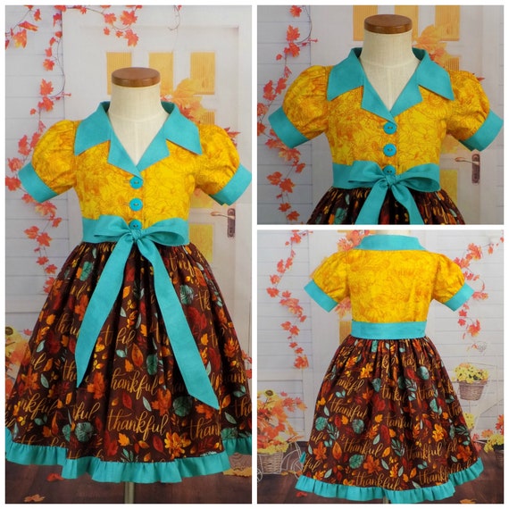 Thanksgiving Dress, Fall Dress, Girls, Autumn Dress, Handmade, Custom, Boutique, Short, Sleeves, Buttons, Up, Collar, Ruffles, Teen, Tween