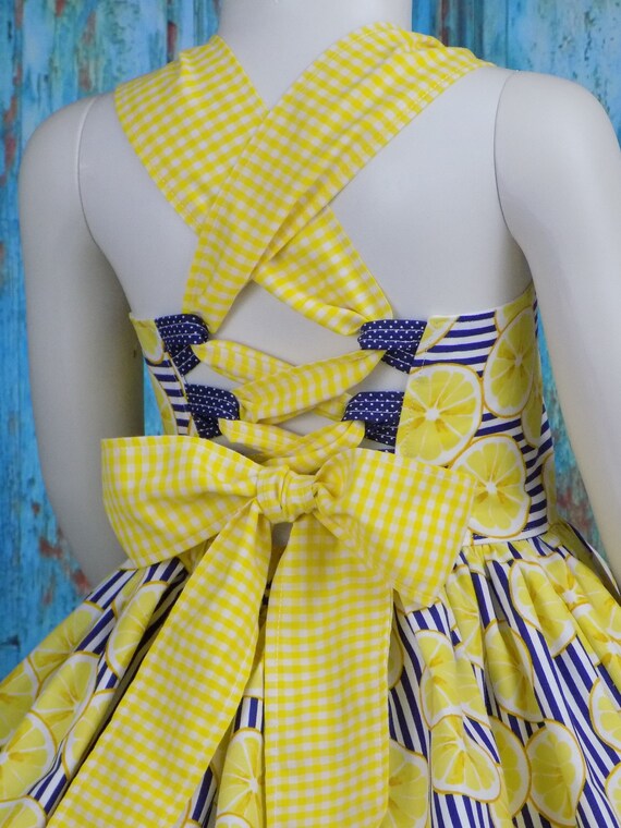 Girls Lemon Dress, Casual Wear, OOC, Natural, Pageant, Corset, Back, Stripes, Gingham, Yellow, Fruit, Slice, Blue, Boutique, Birthday, Party