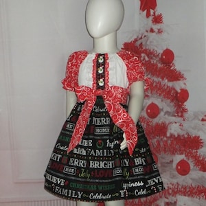 4T Girls Christmas Dress, READY to SHIP, Red, Black Christmas Dress, Christmas Peasant Dress, Dress Sleeves, Holiday, Chalkboard, Lace, RTS
