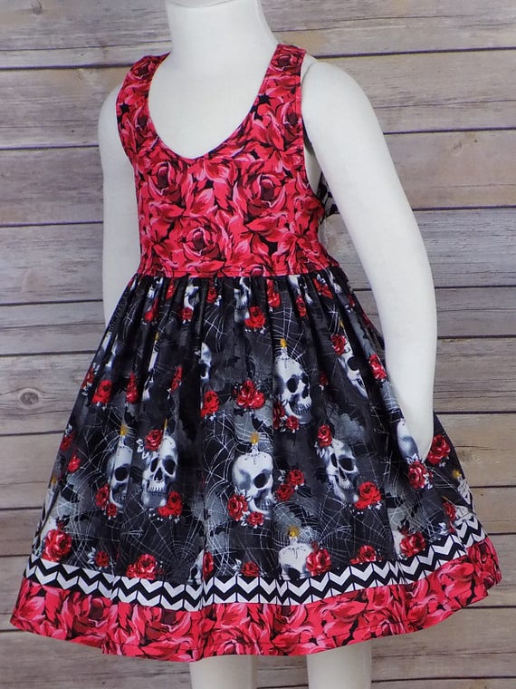Girl Skull Dress, Day of the Dead, Halloween, Skeleton, Rose, Sugar Skull,  Goth, Gothic, Rockabilly, Tween, Toddler, Baby, Halter, Open Back - Etsy