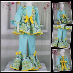 Casual Wear Pageant Outfit, Girls Pant Outfit, Outfit of Choice, Pageant Outfit, Pant, Top, Long Sleeve, Corset Back, Bow, Aqua, Yellow, OOC