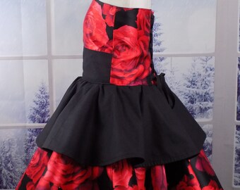 Red Rose Dress, Girls Spanish Rose Dress, Halter, Corset Back, Large Print Fabric Red Roses On Black for Dance, Halloween or Pageant Ooc