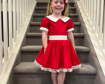 red dress with white collar Top Stitched where needed for a professional Finish Pleated Peter Pan Collar Dress