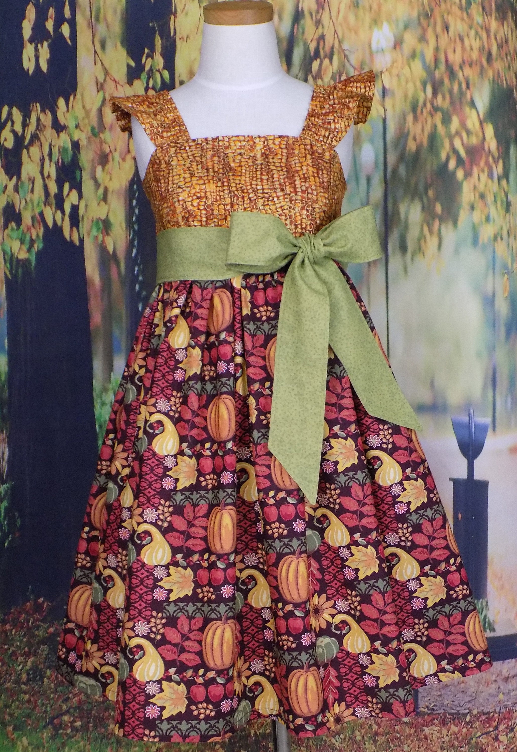 Girls, Thanksgiving Dress, Toddler, Fall Dress, Pumpkin Dress, Autumn Dress, Harvest, Indian Corn, Orange, Green, Boutique, Flutter, Sleeve