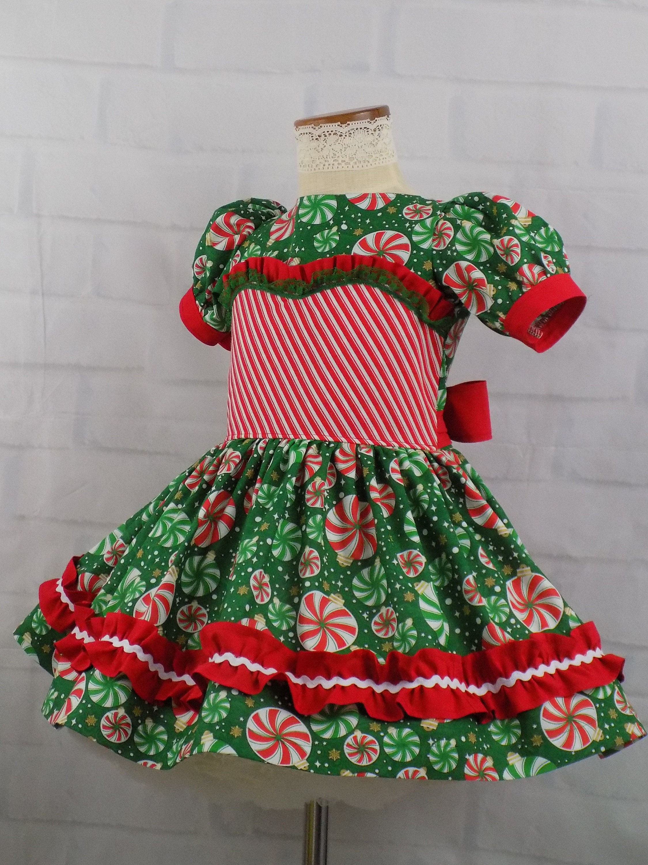 Peppermint Swirl Christmas Dress for Toddler Girls, Pageant Ooc Candy Cane, Ruffle Dress, Puff Sleeves, Winter Wear, Ornaments, Dress, Bows