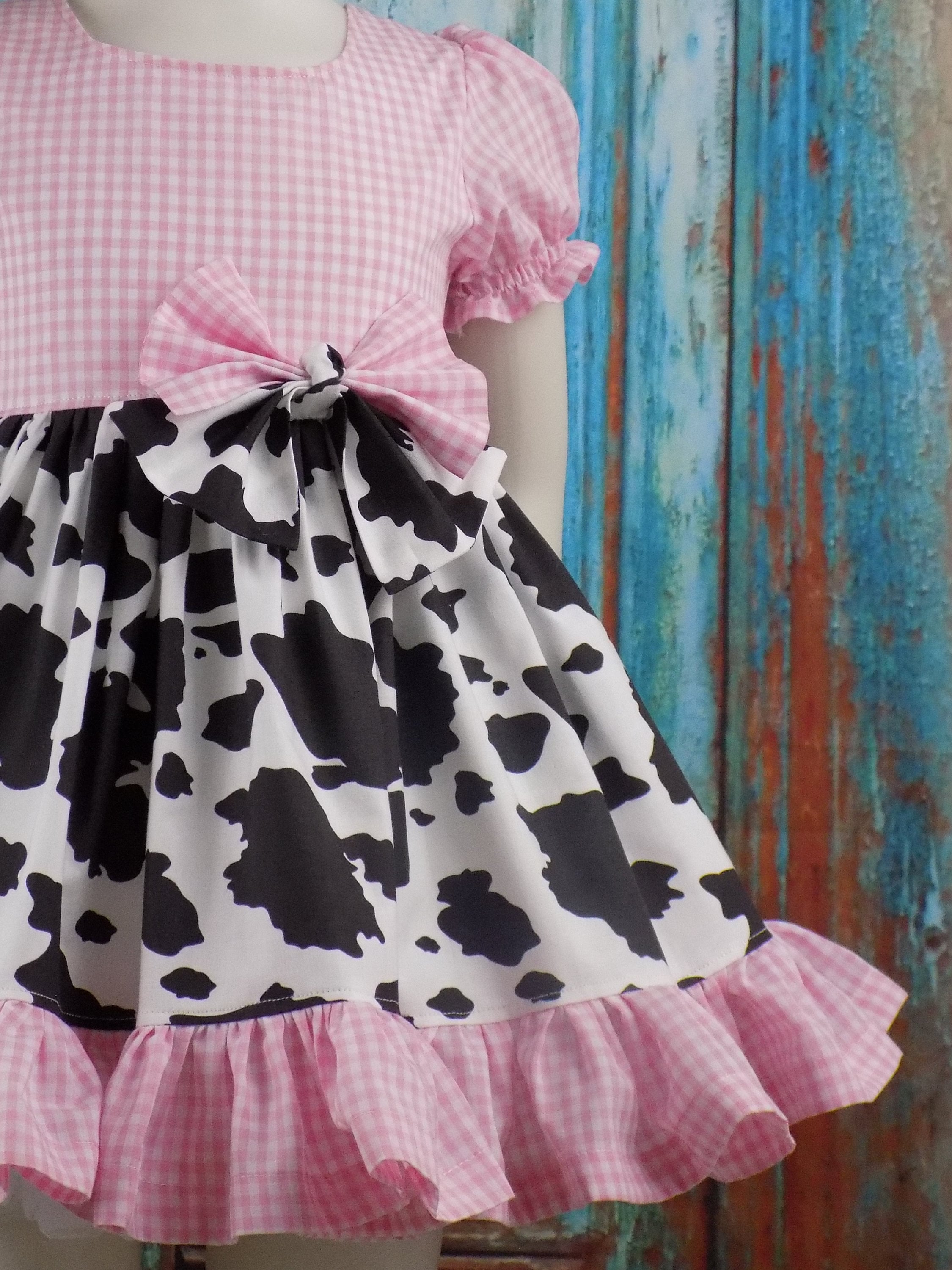 Pink Cow Dress, Pink Western Dress, Pink Birthday, Farm, 1st Birthday, Cowgirl, Pageant, Western Wear, OOC, Gingham, Checks, Cow Print, Girl