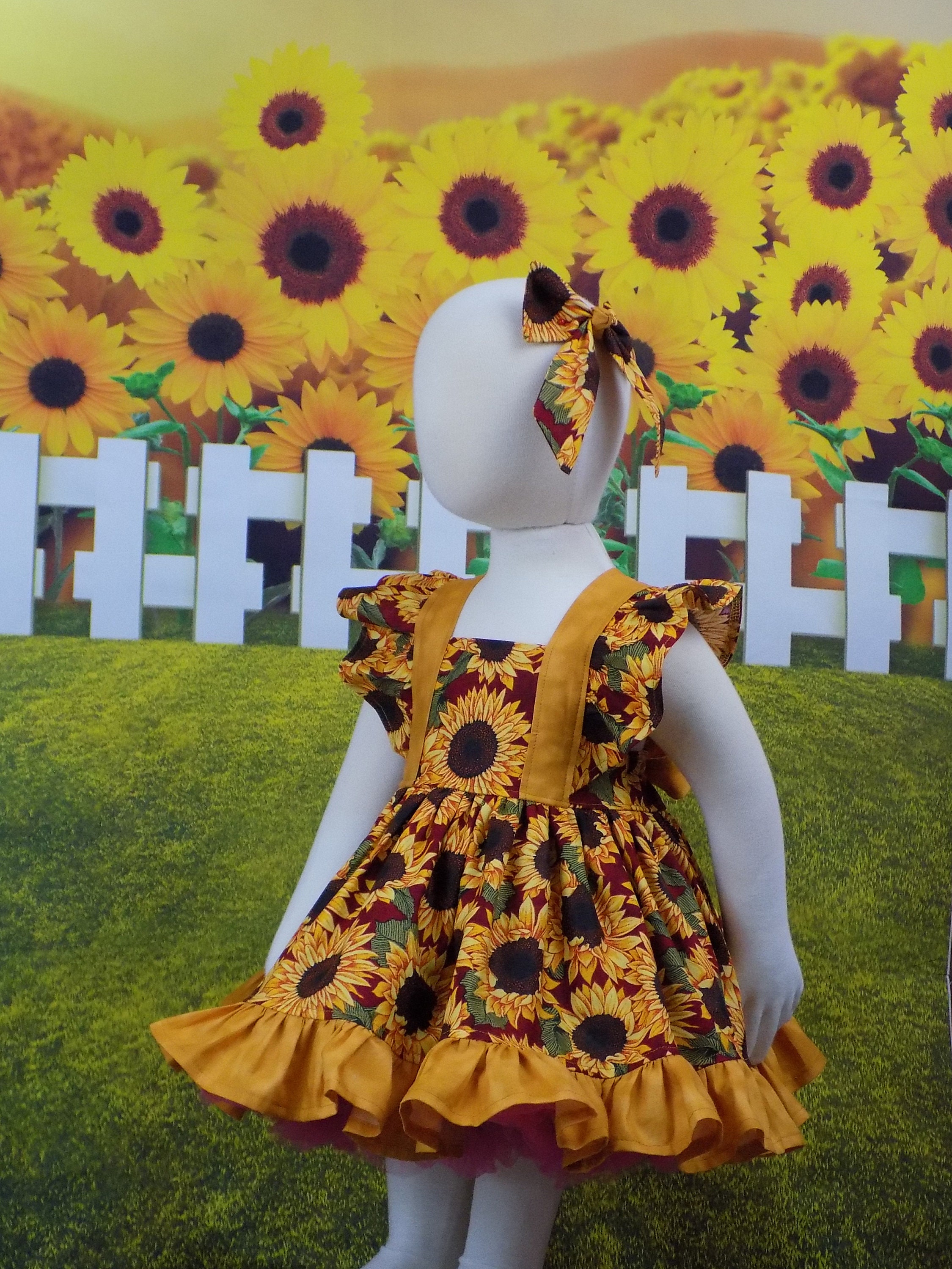 sunflower cut out dress Girls Sunflower Dress, Pinafore, Girls Fall Dress, Thanksgiving, Autumn, Boutique, Twirl Skirt Dress, Fall Ruffle Dress, Large Sunflowers