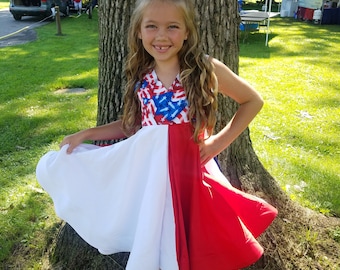 Patriotic, Pageant Dress, RWB Wear, OOC, Red White Blue, Flag, Star, Celebration, 4th July, Fancy, Boutique, Circle Skirt, Bow, Toddler Teen