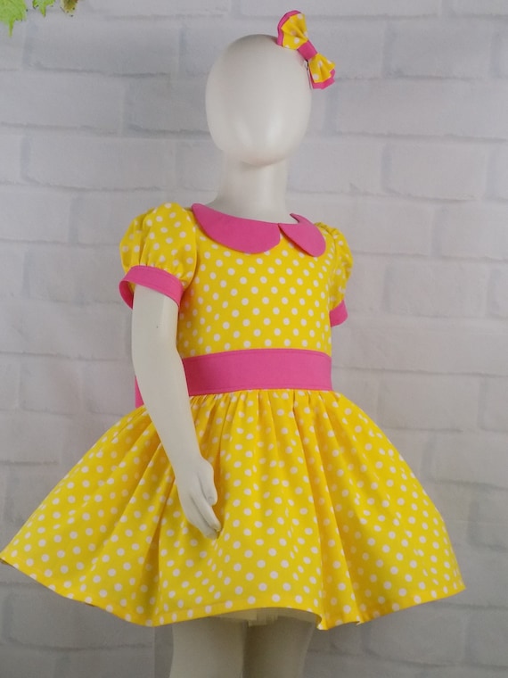 Girl Yellow Polka Dot Dress, Polka Dot Dress with Collar, Attached Petti, Sleeves, Bow, Pageant Personality Wear, Interview, Choice of Color Girl Yellow Polka Dot Dress, Polka Dot Dress with Collar, Attached Petti, Sleeves, Bow, Pageant Personality Wear, Interview, Choice of Color