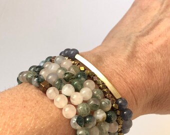 Gold bar + blue jade - malas - healing properties - genuine stone -mala bracelet- intention- mantra - gift