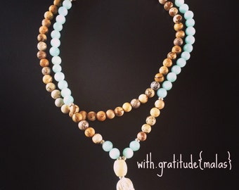 Mala Beads- Mantra-I heal and grow from the wounds of my past. -Malas- Mala Beads- 108 Malas- Picture Jasper- Custom- Jewelry- Custom